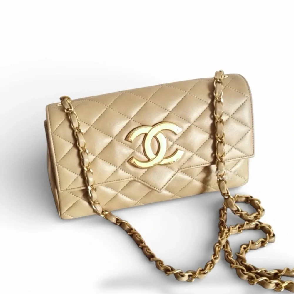 💗VINTAGE CHANEL Beige CC Logo Small Flap Shoulder Crossbody Bag 24K Gold-Plated